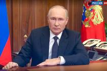 In this image made from a video released by the Russian Presidential Press Service, Russian Pre ...