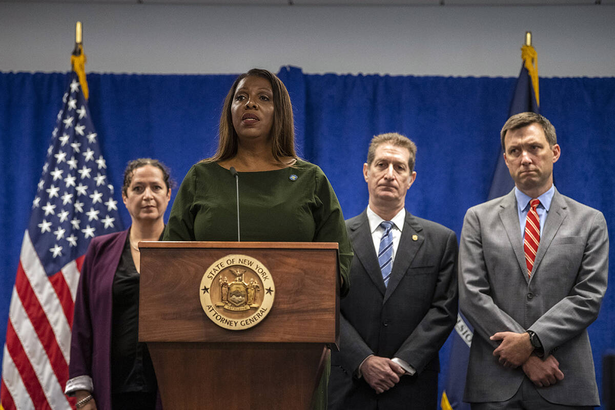 New York Attorney General Letitia James speaks during a press conference, Wednesday, Sept. 21, ...
