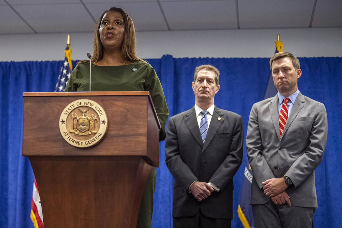 New York Attorney General Letitia James speaks during a press conference, Wednesday, Sept. 21, ...