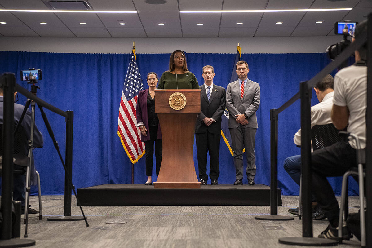 New York Attorney General Letitia James speaks during a press conference, Wednesday, Sept. 21, ...