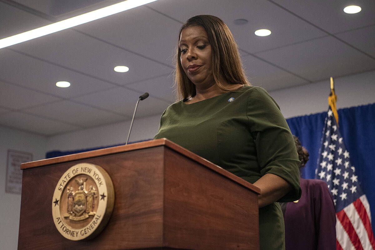 New York Attorney General Letitia James pauses during a press conference, Wednesday, Sept. 21, ...