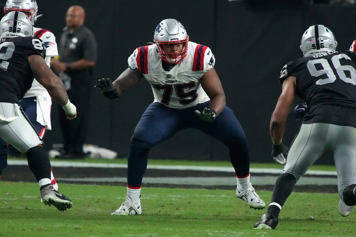 New England Patriots offensive tackle Justin Herron (75) lines up against the Las Vegas Raiders ...