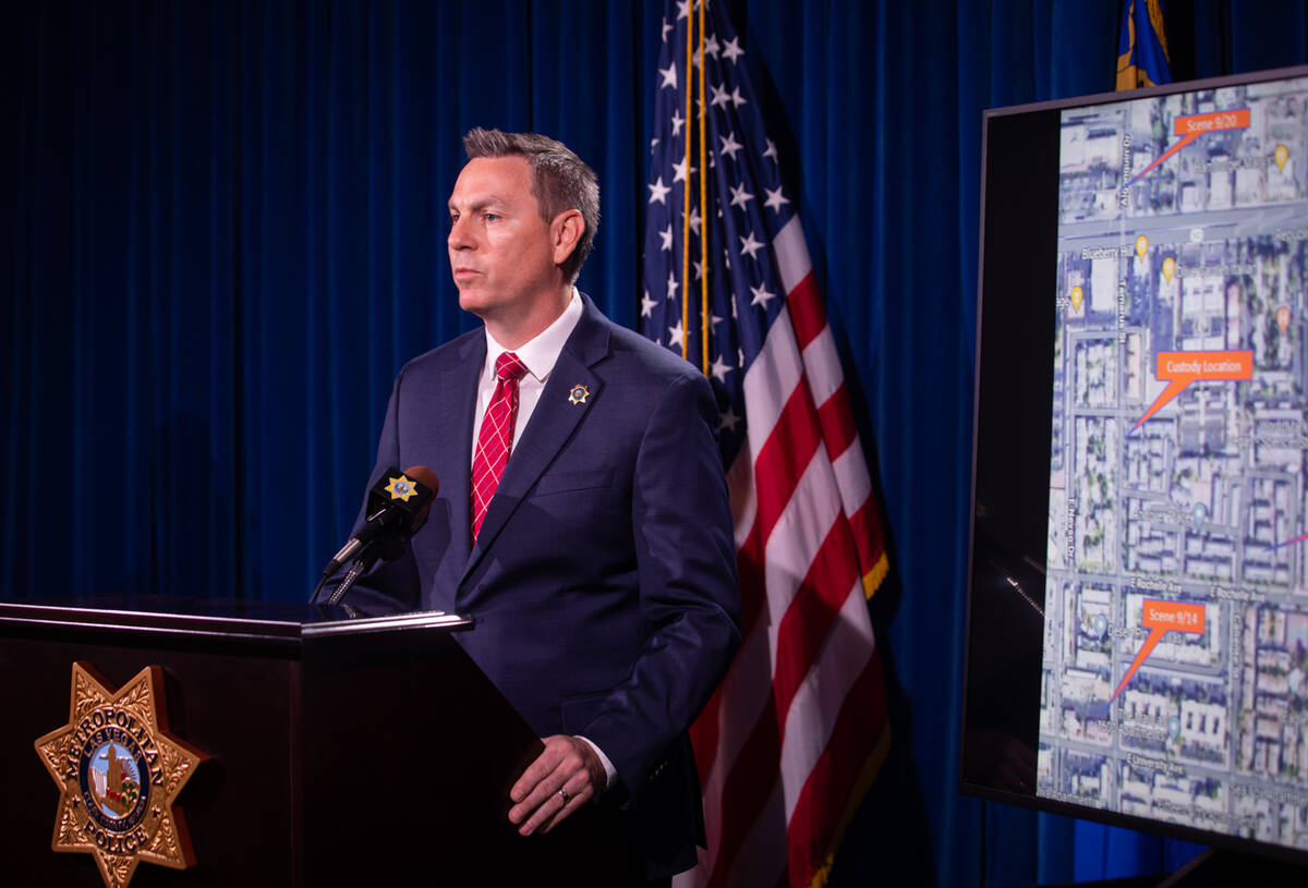 Las Vegas Metro Police Department Lt. Jason Johansson speaks during a press conference to provi ...