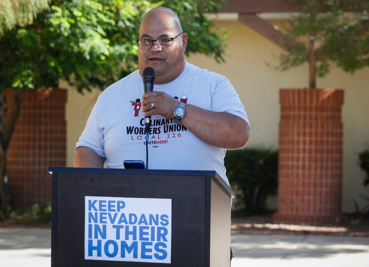 Carlos Padilla, Culinary Workers Union member, speaks during a press conference as a call for a ...