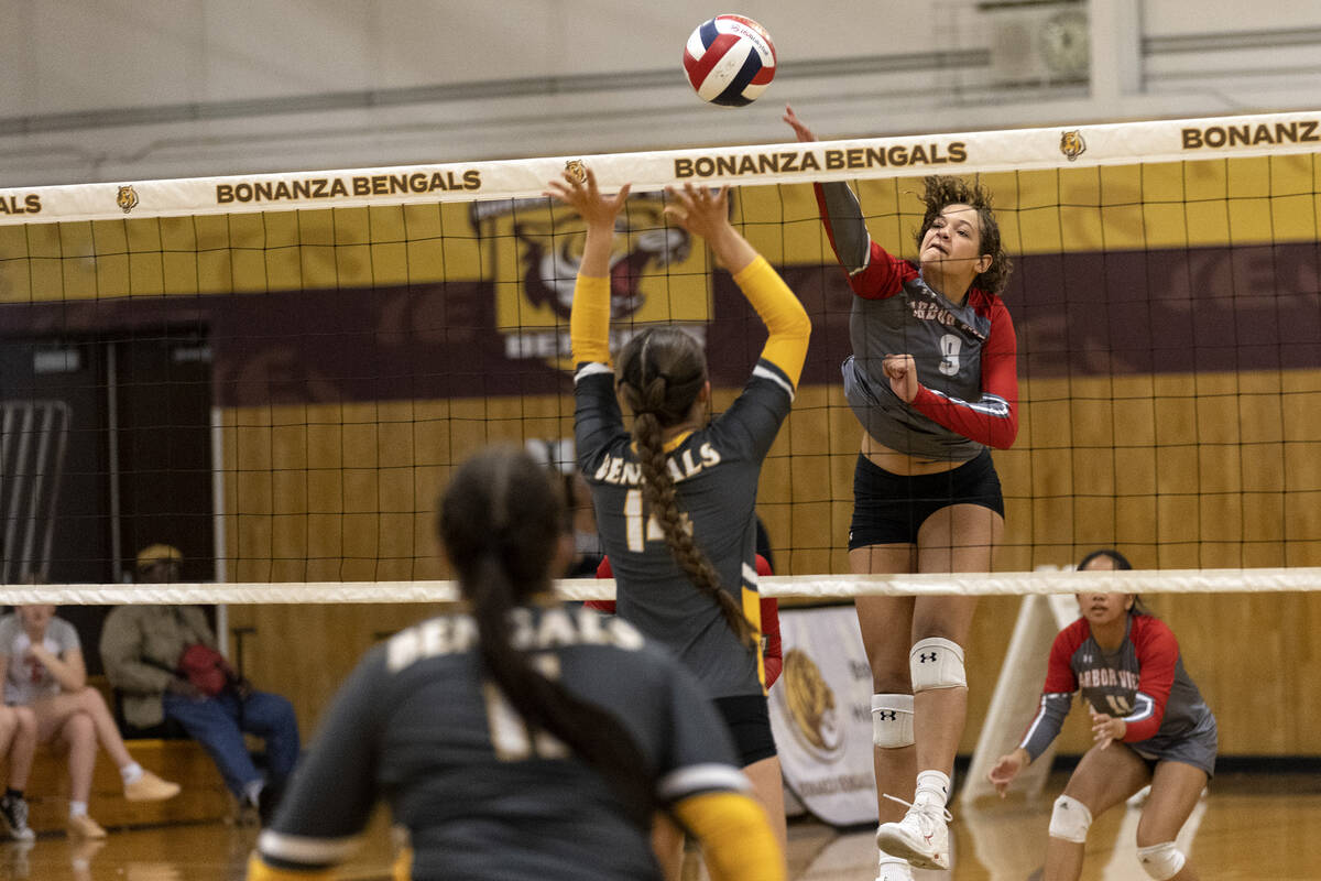 Arbor View’s Willow Watson spikes to Bonanza during a high school volleyball game at Bon ...