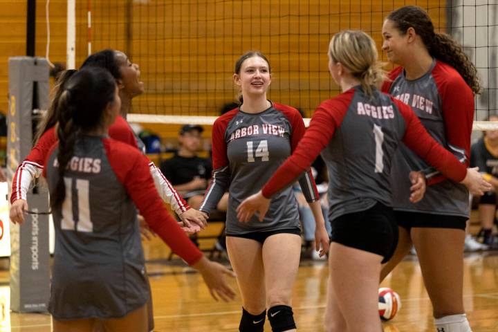 Arbor View players including Sofia Hammond (14) celebrate a point during a high school volleyba ...
