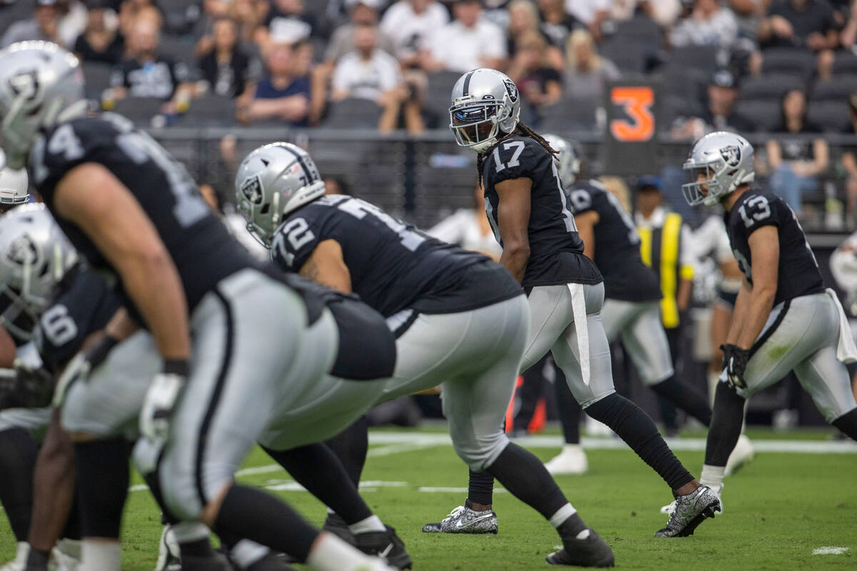 Raiders wide receiver Davante Adams (17) lines up during the second half of an NFL game against ...