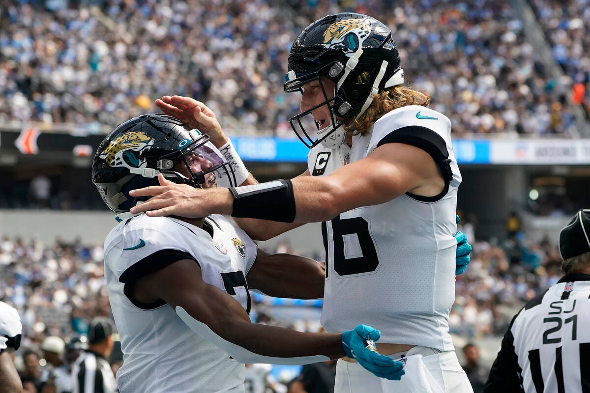 Jacksonville Jaguars wide receiver Zay Jones (7) celebrates after catching a touchdown pass fro ...