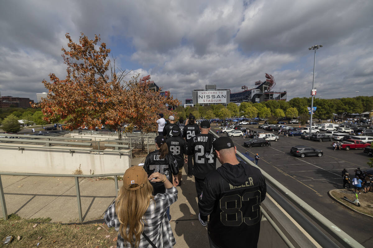 Raiders fans outside Nissan Stadium in Nashville, Tenn. before the start of an NFL football gam ...