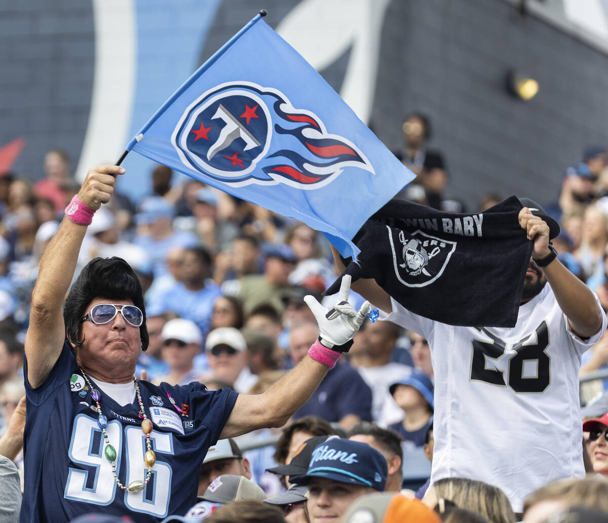 Titans and Raiders fans during an NFL football game on Saturday, Sept. 24, 2022, at Nissan Stad ...