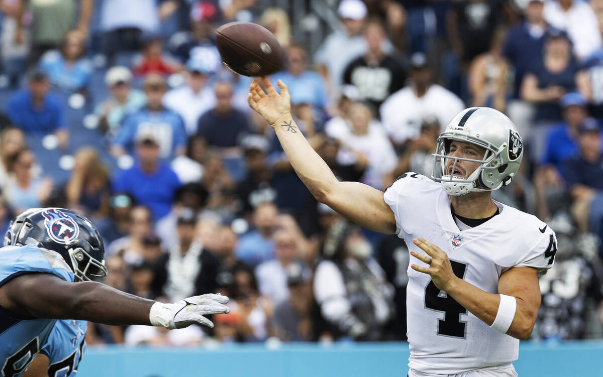 Raiders quarterback Derek Carr (4) gets a pass away under pressure in the second half during an ...