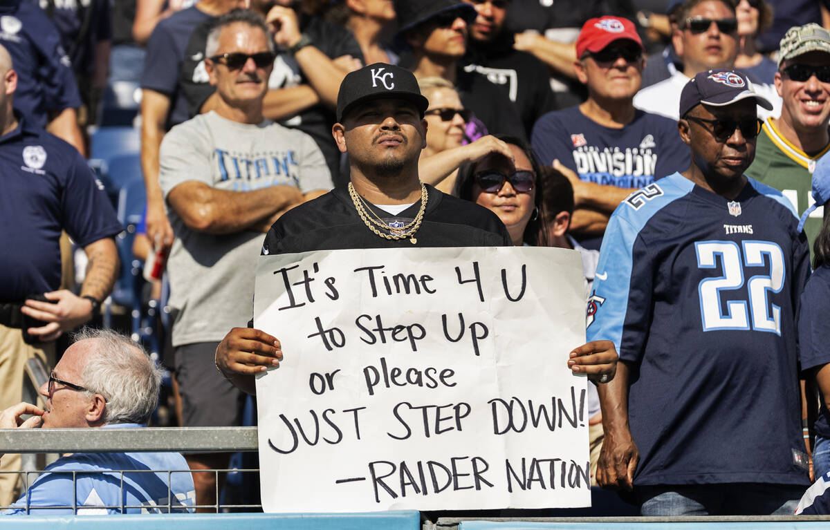 Raiders fans during an NFL football game against the Tennessee Titans on Sunday, Sept. 25, 2022 ...