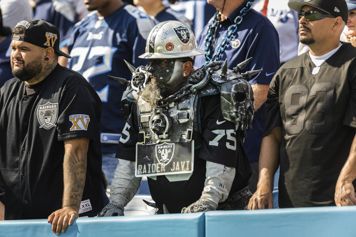 Raider Javi, middle, during an NFL football game against the Tennessee Titans on Sunday, Sept. ...