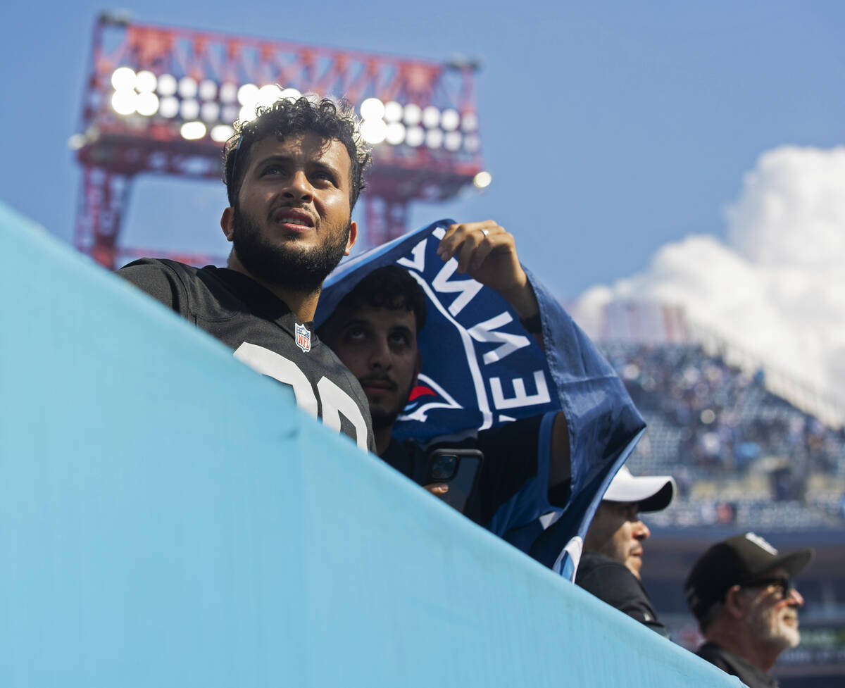 Dejected Raiders fans during an NFL football game against the Tennessee Titans on Sunday, Sept. ...