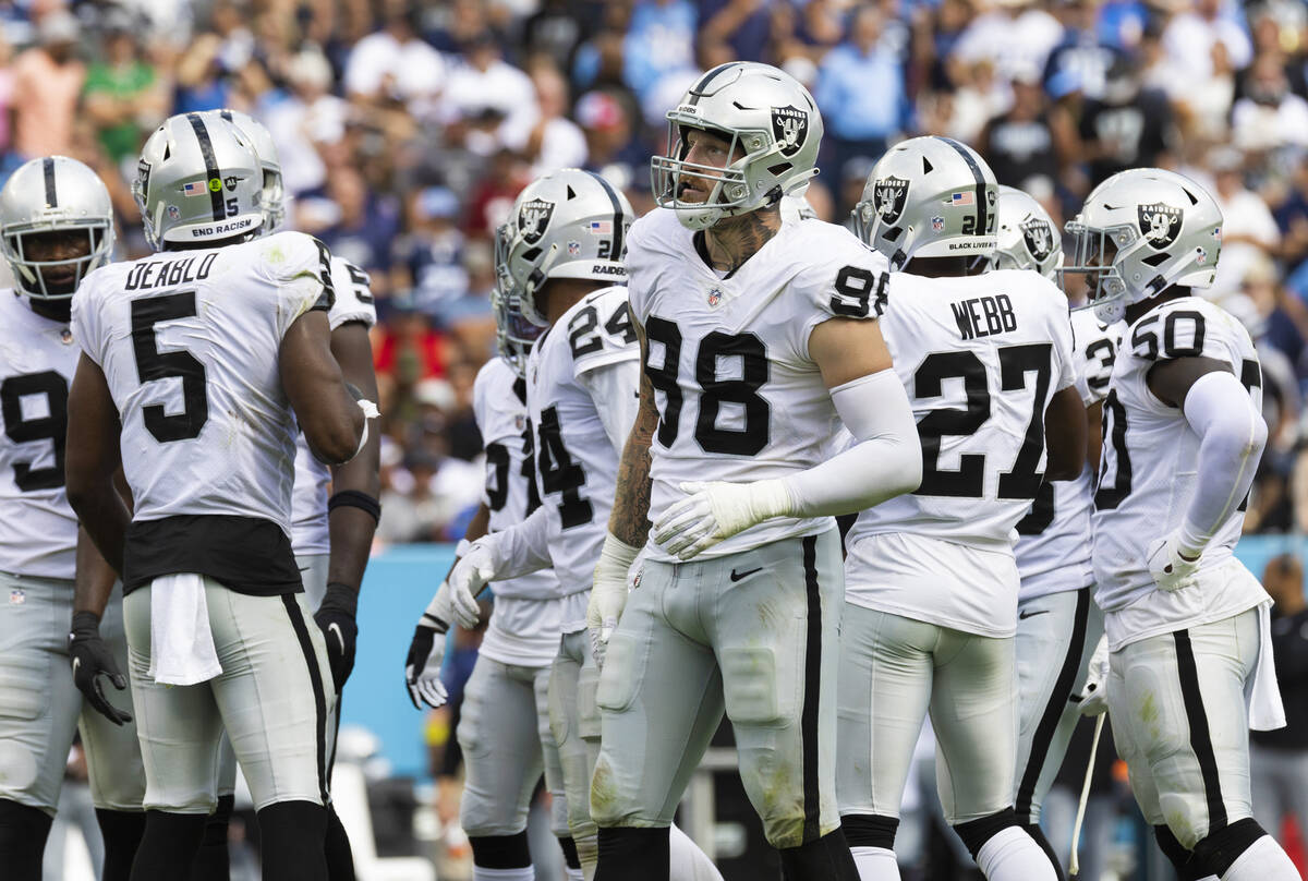 Raiders defensive end Maxx Crosby (98) looks up at the clock in the in the second half during a ...