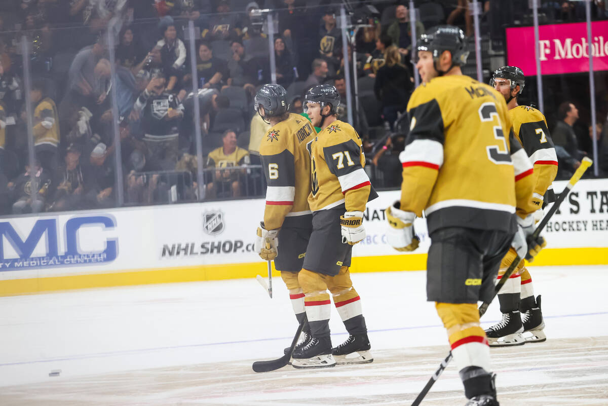 The Golden Knights skate off the ice after an overtime loss to the Los Angeles Kings in a prese ...