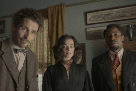 From left, Christian Bale, Margot Robbie and John David Washington in "Amsterdam," opening Oct. ...