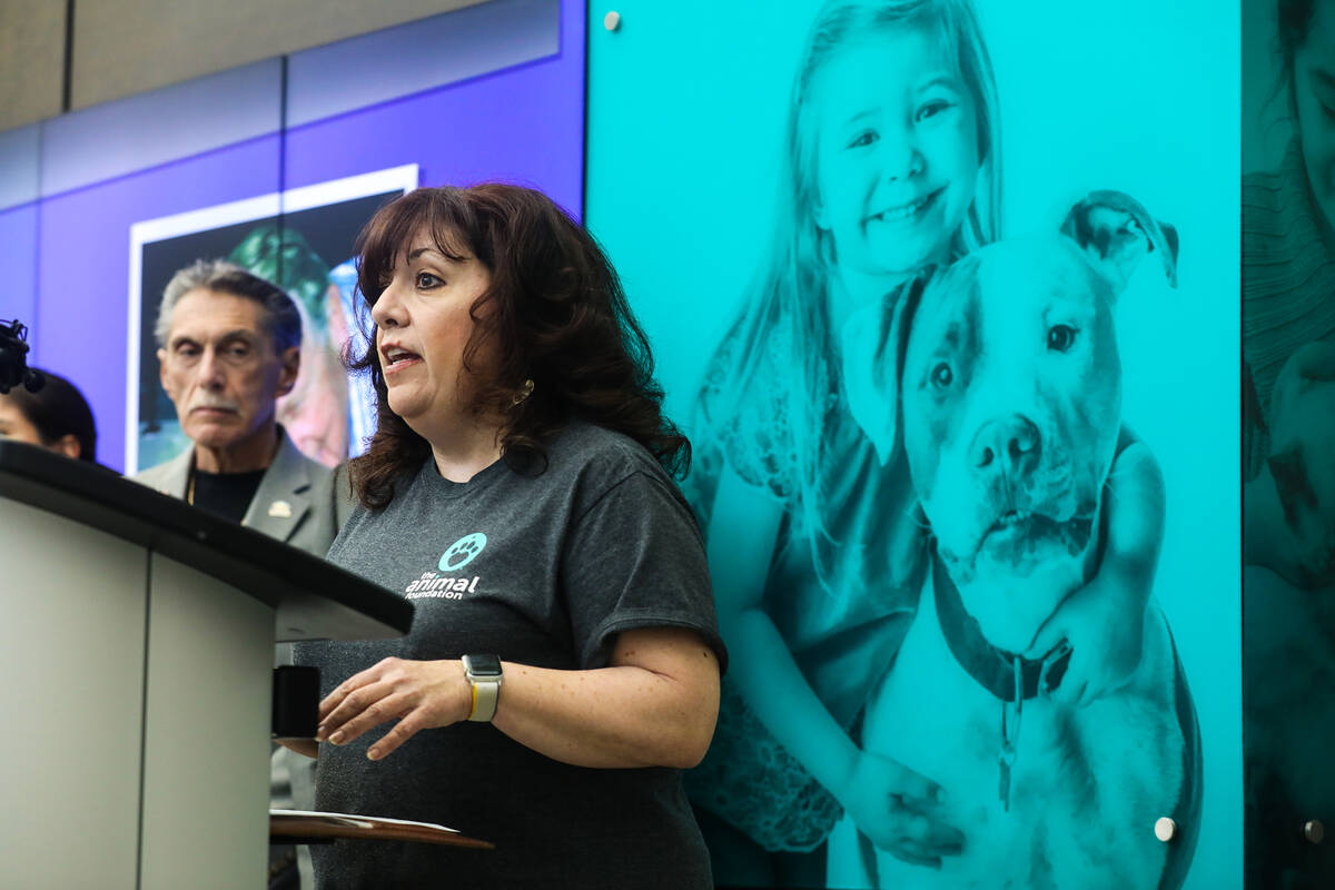 Hilarie Grey, chief executive officer at the Animal Foundation, addresses the media at a press ...