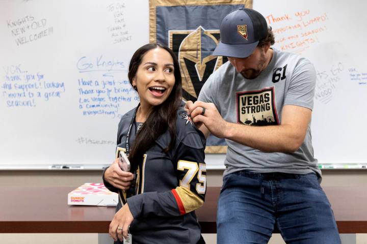 Golden Knights right wing Mark Stone signs 911 call taker Brittany Minton’s jersey at Me ...