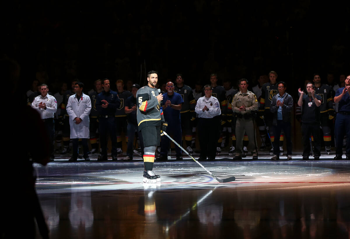 Vegas Golden Knights' Deryk Engelland (5) speaks before an NHL hockey game between the Vegas Go ...