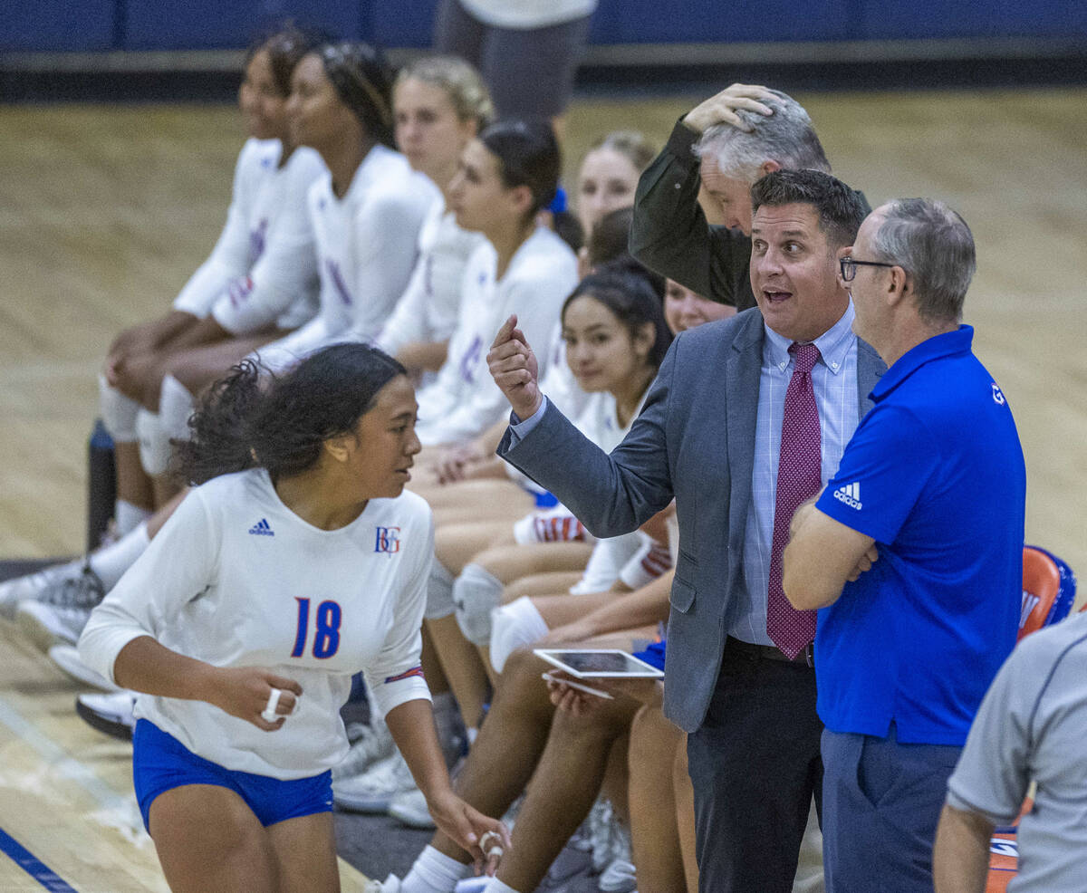 Bishop Gorman Head Coach Gregg Nunley talks strategy on the bench versus Faith Lutheran during ...