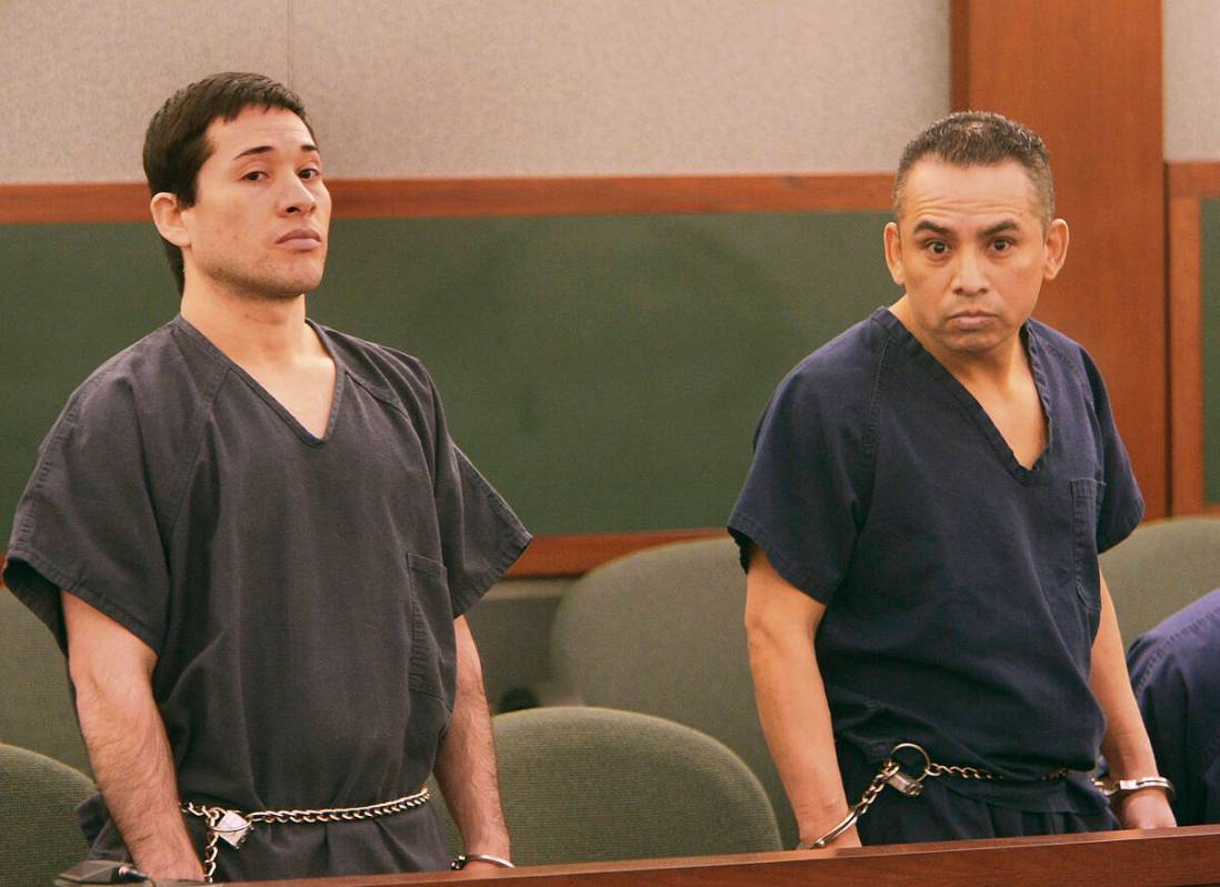 Porfirio Duarte-Herrera, left, and Omar Rueda-Denvers appear in Clark County District Court on ...