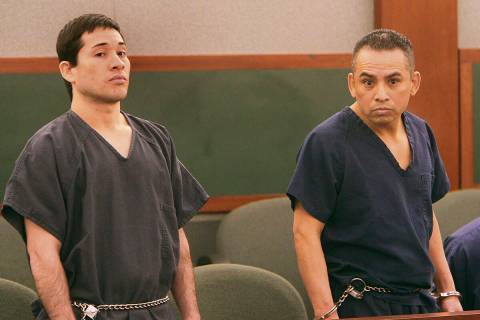 Porfirio Duarte-Herrera, left, and Omar Rueda-Denvers appear in Clark County District Court on ...