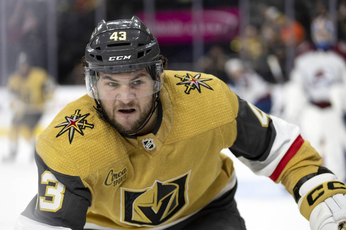 Golden Knights center Paul Cotter (43) skates for the puck during the third period of a preseas ...