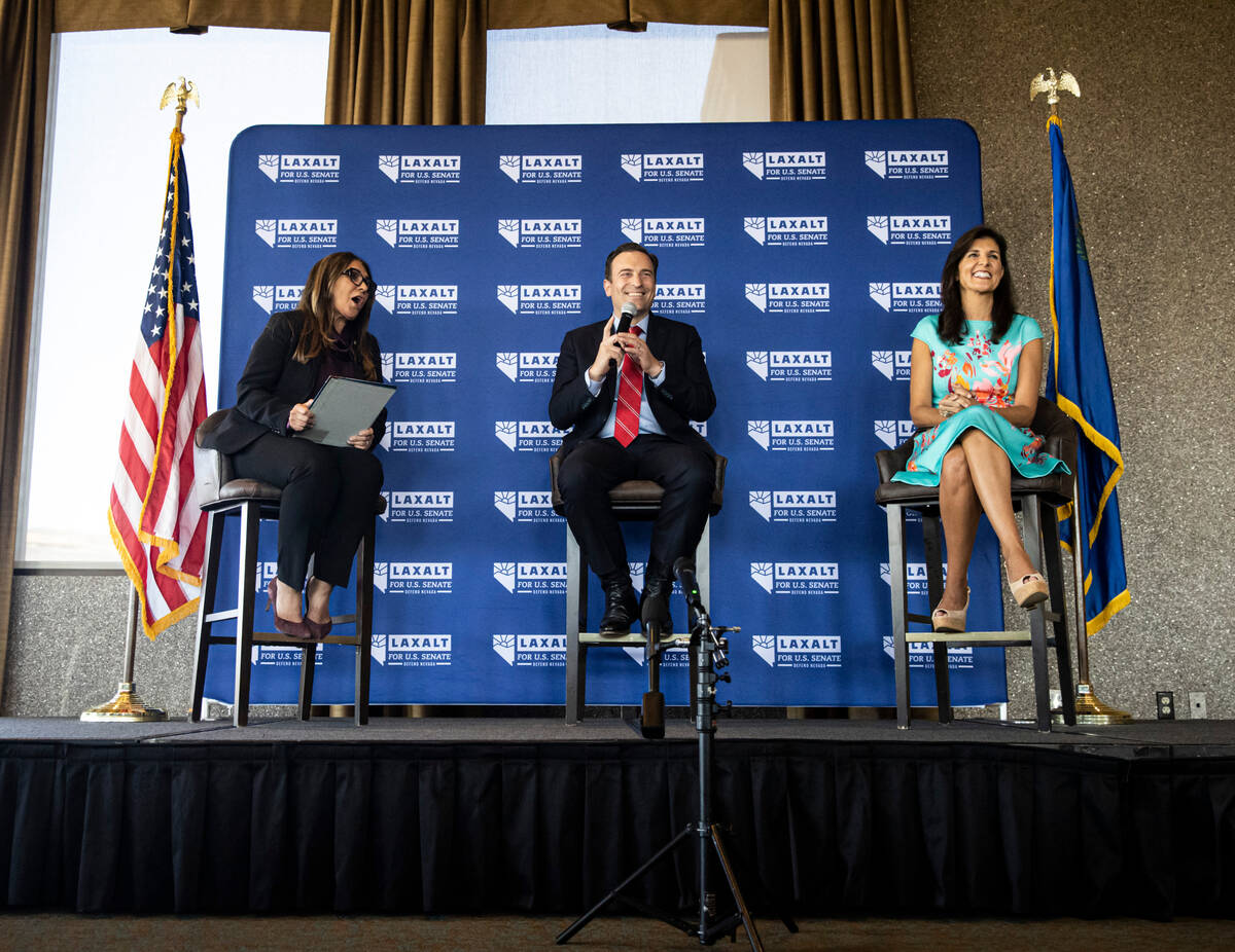 Nevada Republican U.S. Senate candidate Adam Laxalt speaks alongside former United Nations Amba ...