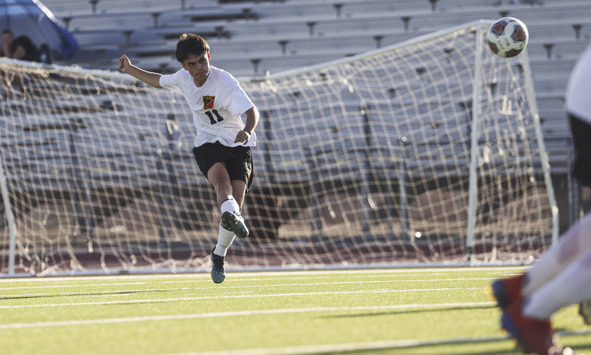 Las Vegas' Daniel Murillo (11) shoots during a soccer game at Cimarron-Memorial High School on ...