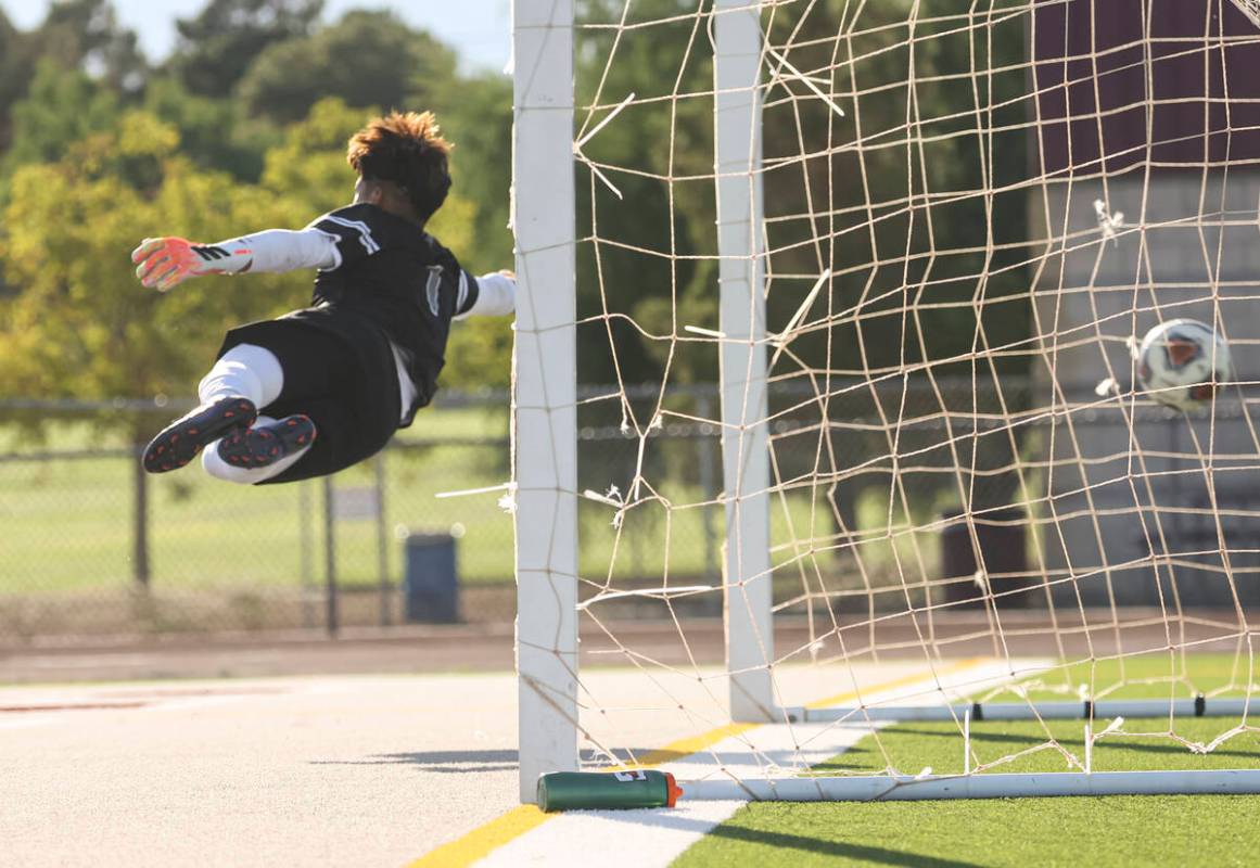 Cimarron-Memorial goalkeeper RJ Murillo (1) jumps to block a ball that went out of bounds durin ...