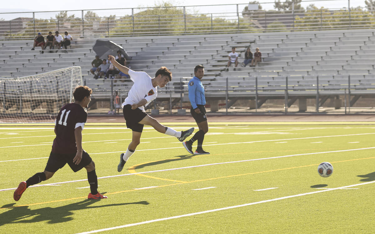 Las Vegas' Daniel Murillo (11) shoots during a soccer game at Cimarron-Memorial High School on ...