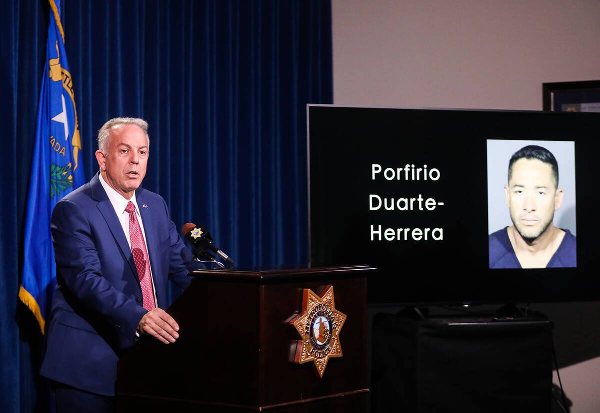 Clark Country Sheriff Joe Lombardo addresses the media concerning the apprehension and arrest o ...