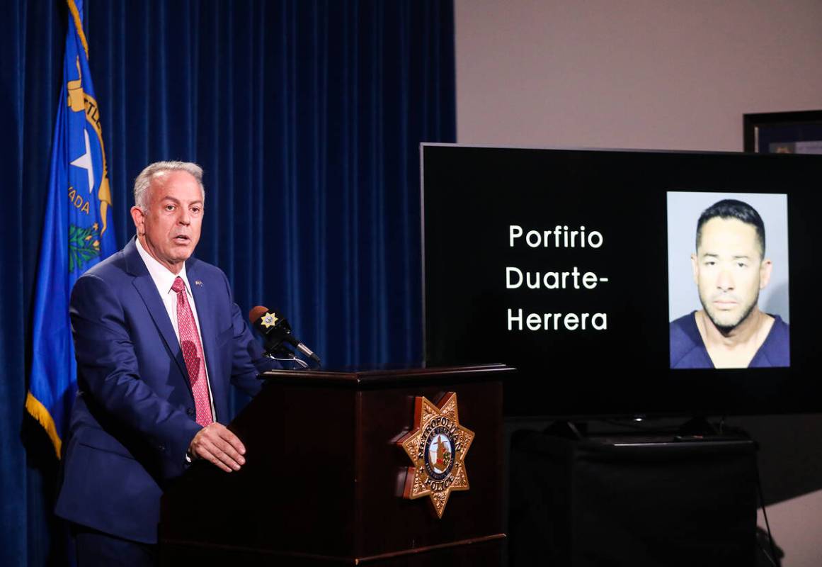 Clark Country Sheriff Joe Lombardo addresses the media concerning the apprehension and arrest o ...