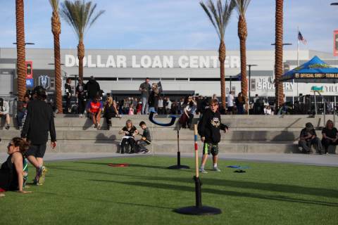 Fans outside of The Dollar Loan Center in Henderson before the start of an AHL game between the ...