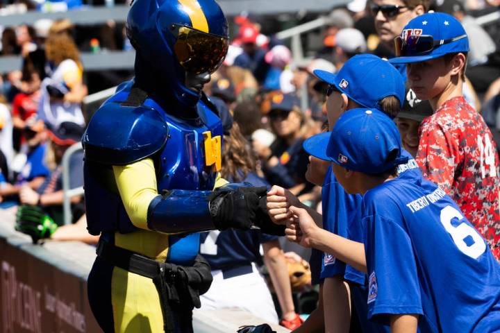 The Aviator greets fans during Las Vegas’ game against the El Paso Chihuahuas on Sunday, ...