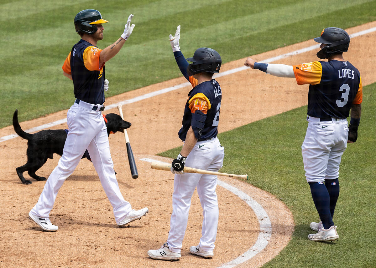 Aviators outfielder Skye Bolt (1) celebrates with teammates after hitting a home run during a m ...