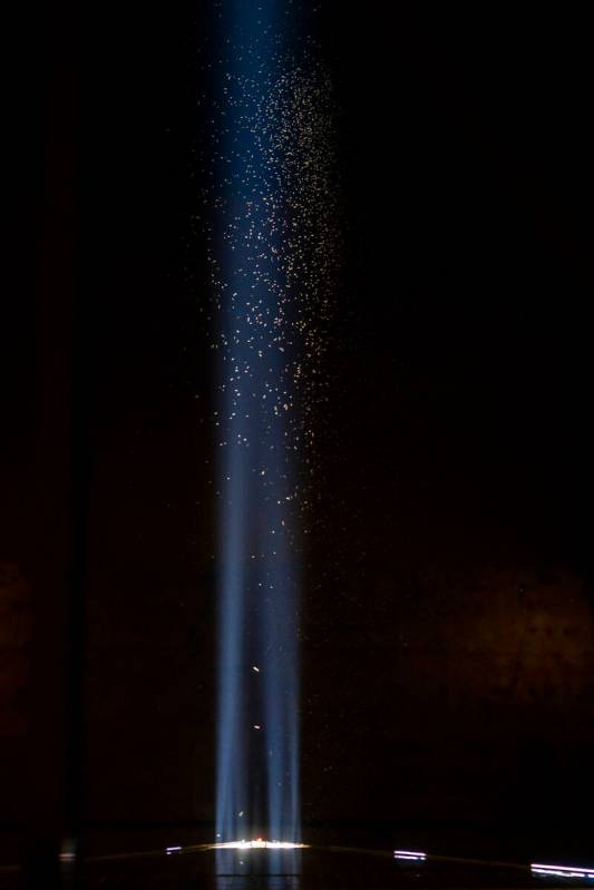 Grasshoppers swarm about the Luxor Sky Beam from atop its pyramid on Thursday, Sept. 29, 2022, ...