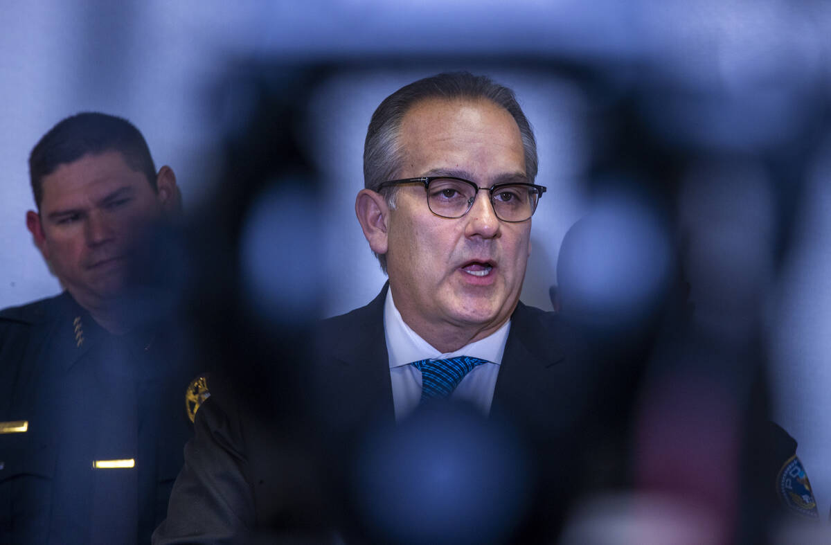 Clark County School District Superintendent Dr. Jesus F. Jara is framed by a tripod as he answe ...