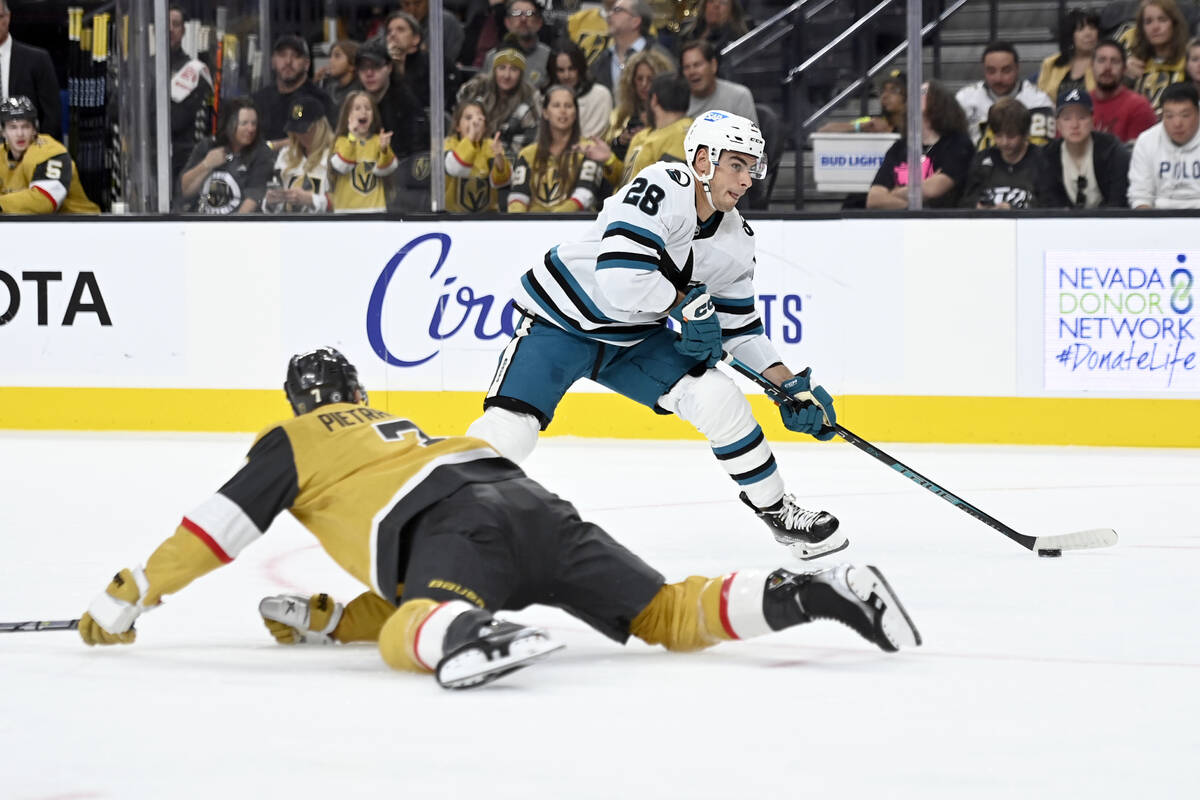 San Jose Sharks right wing Timo Meier (28) looks to pass the puck away from Vegas Golden Knight ...