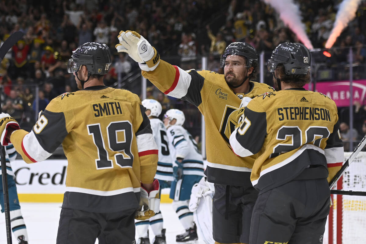 Vegas Golden Knights right wing Reilly Smith (19), right wing Mark Stone (61) and center Chandl ...