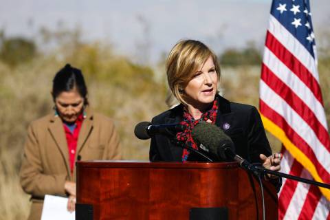 Rep. Susie Lee, D-Nev., addresses the media at a press conference to discuss the recently signe ...