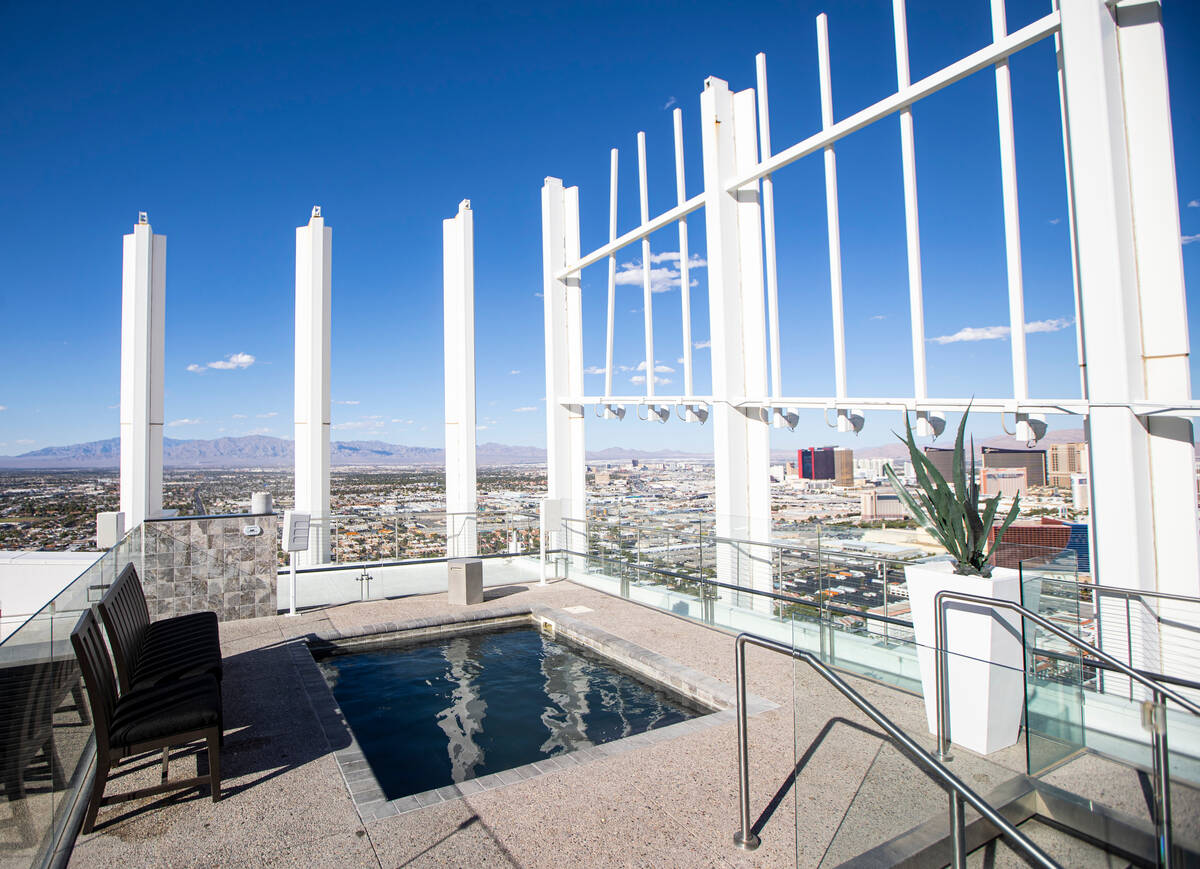 Views from the rooftop patio are seen at the Palms Place penthouse locator on the entire top fl ...