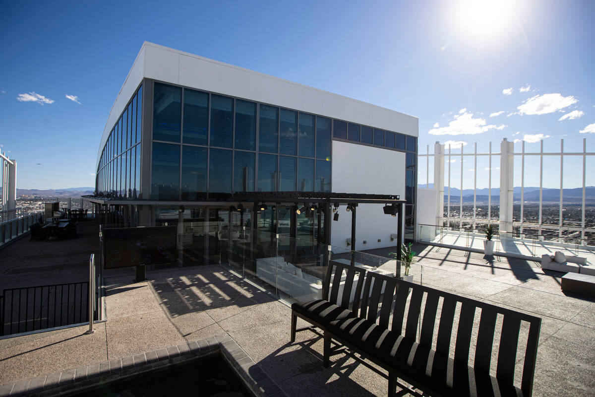 Views from the rooftop patio are seen at the Palms Place penthouse locator on the entire top fl ...