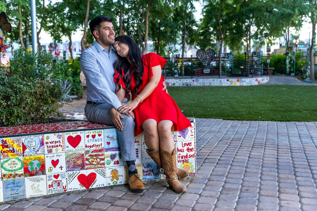 Brittany Castrejon, a survivor of the Route 91 Harvest festival shooting, sits with her fiancé ...