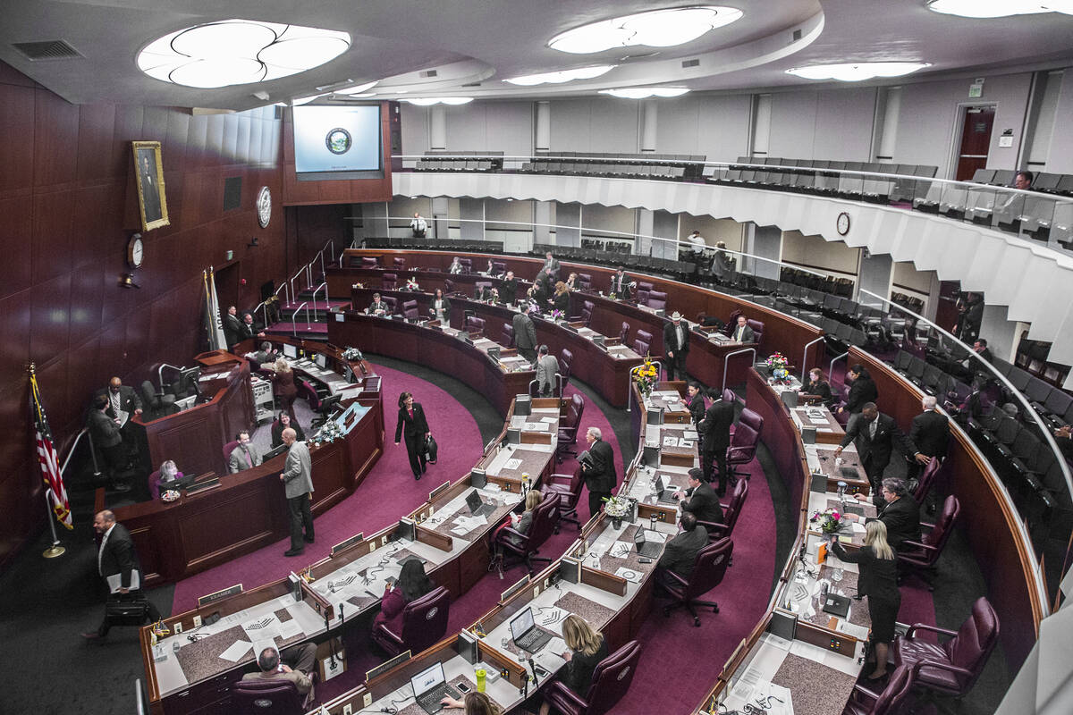 Members of the assembly file out of chambers on Tuesday, Feb. 7, 2017, at the Legislative Build ...