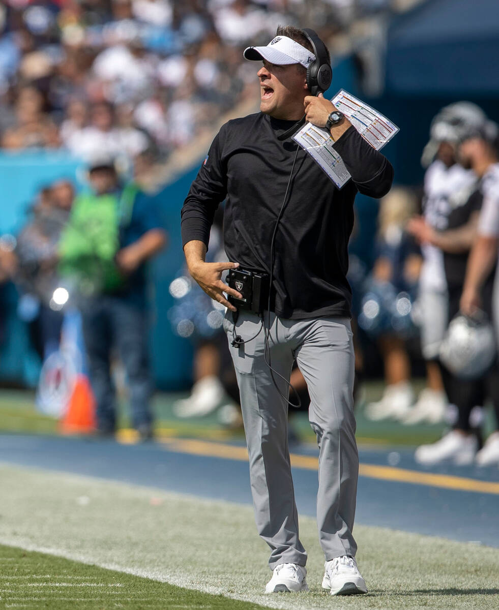 Raiders head coach Josh McDaniels shouts from the sideline during the second half of an NFL gam ...