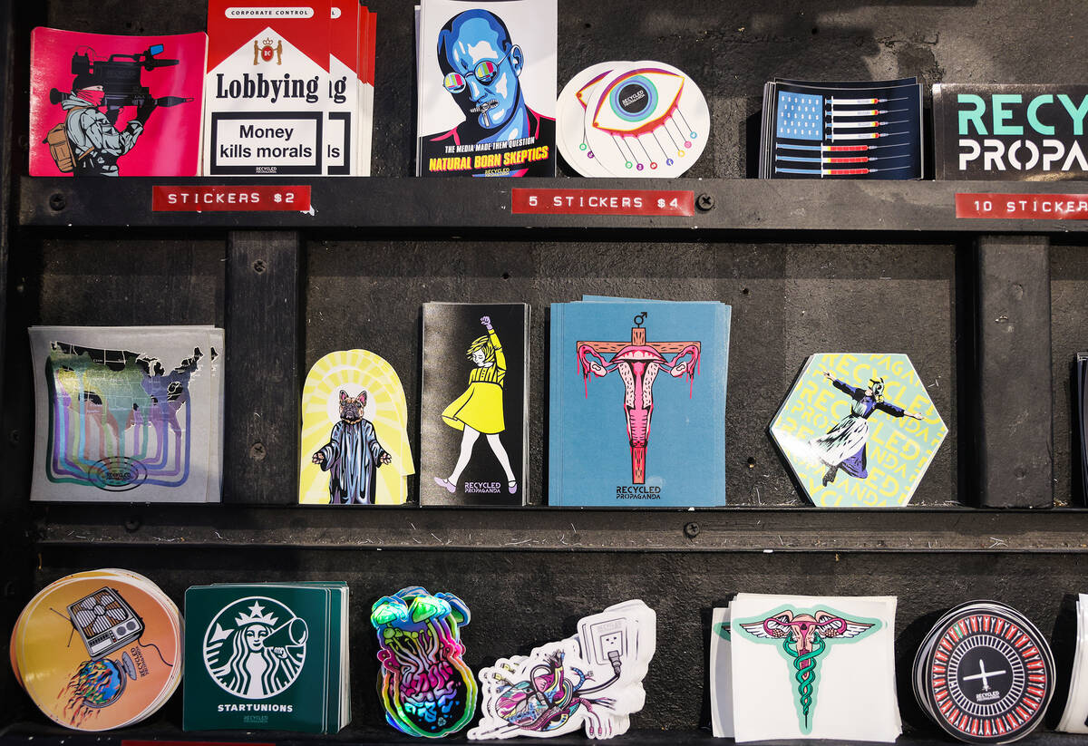 Stickers by Izaac Zevalking at his store Recycled Propaganda in the Arts District in Las Vegas, ...