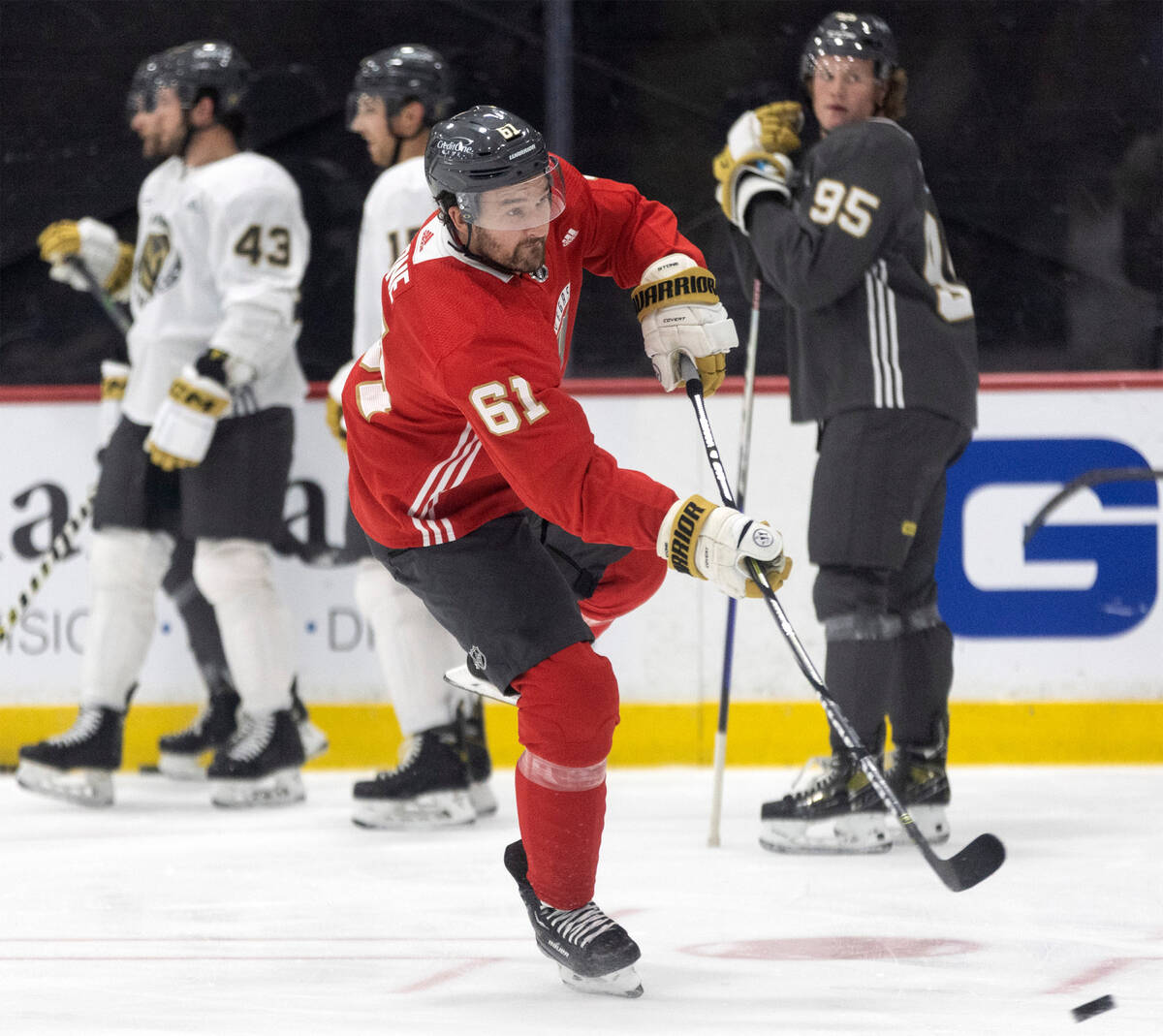 Golden Knights forward Mark Stone (61), wearing a no-contact jersey, shoots the puck during tra ...