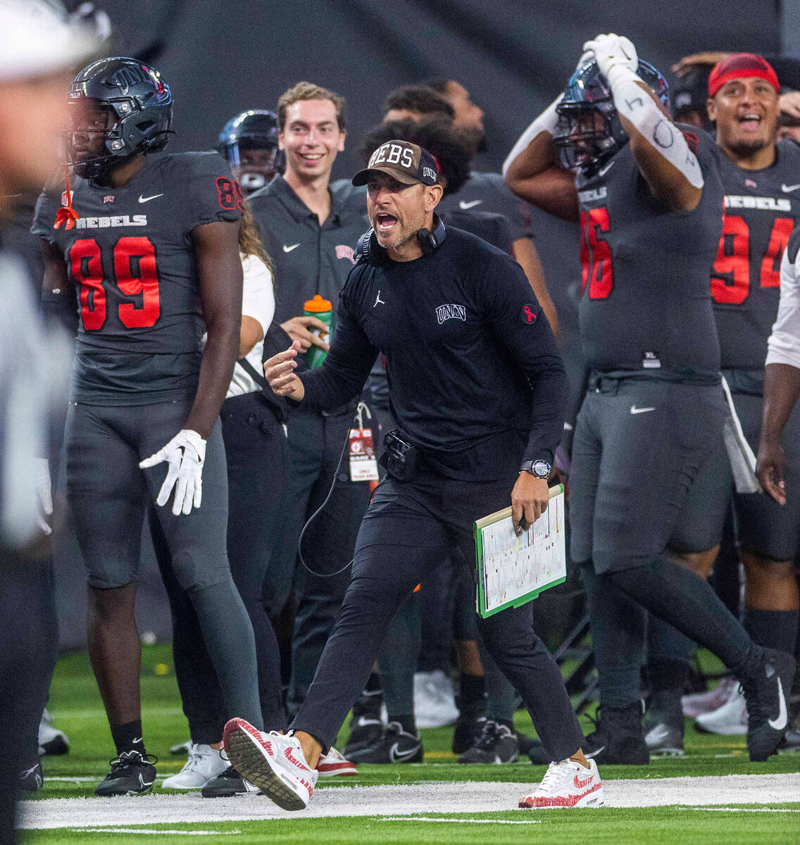 UNLV Rebels Head Coach Marcus Arroyo yells to players on the sidelines versus the New Mexico Lo ...